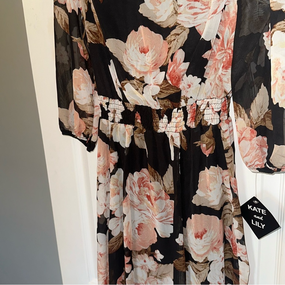 Black Floral Midi Dress with Pink Blooms - Picture 2 of 9